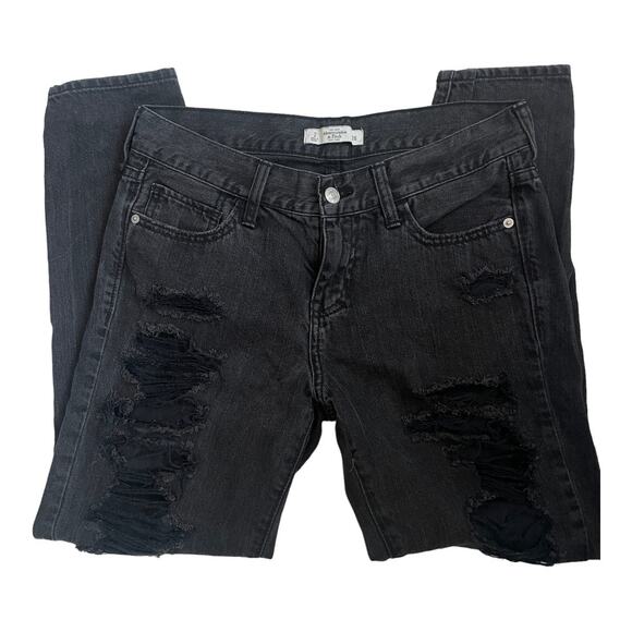 Abercrombie & Fitch Black Destroyed Ripped Baggy Skinny Jeans Size 2 / 26 - Picture 2 of 7